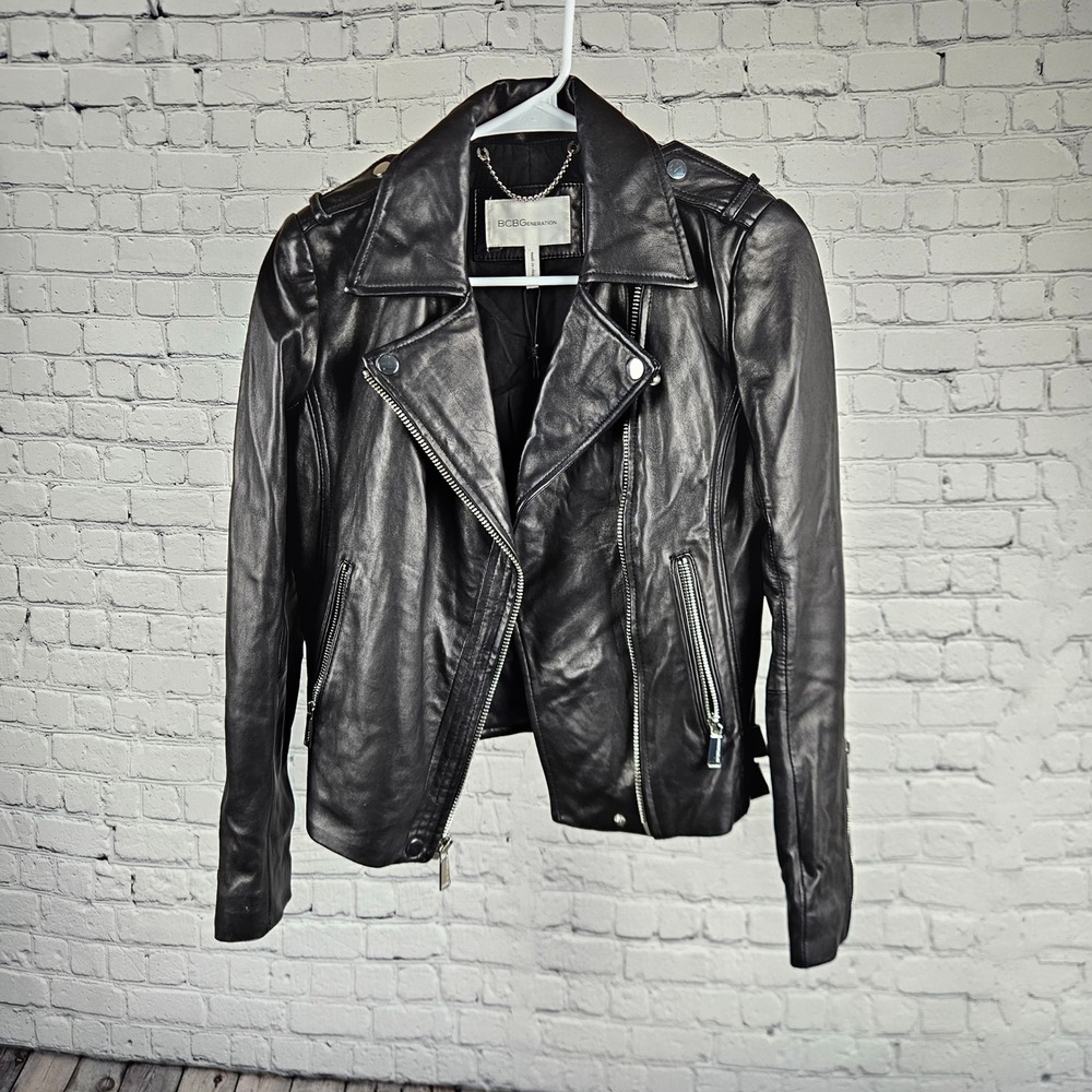 BCBGeneration Black Lamb Leather Moto Jacket L12512BG-001 XS Biker Asymmetrical